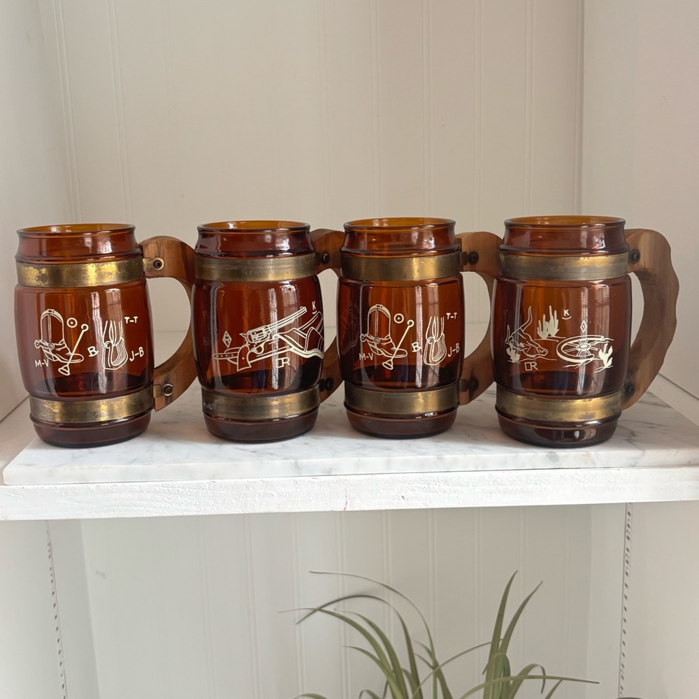 Vintage Set of 4 Western Retro Amber Glass Beer Mugs Ranch Cowboy Style